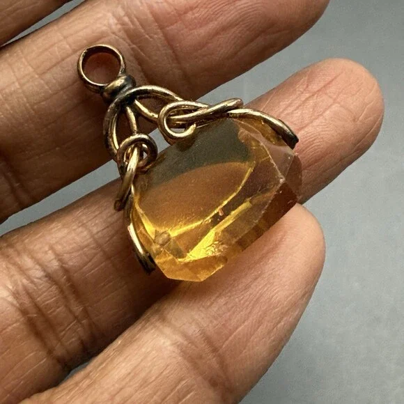 Antique Gold Fill Citrine Glass Fob Charm Pendant - Picture 13 of 15